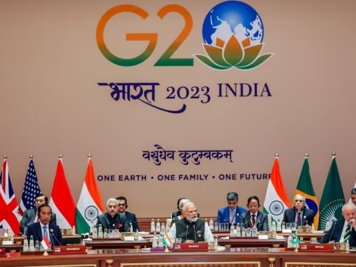 तस्वीर 2023 में भारत में हुए जी20 के शिखर सम्मेलन की है।