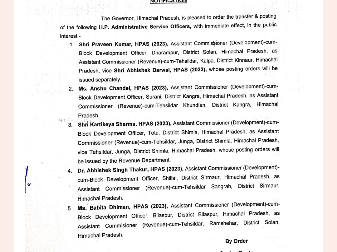 हिमाचल में सुक्खू सरकार का बड़ा प्रशासनिक फेरबदल:  17 HPAS अधिकारियों के तबादले, 3 को अतिरिक्त प्रभार सौंपा – Shimla News
