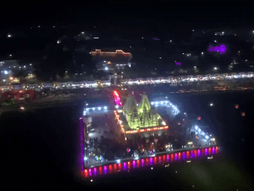 Brahma Sarovar illuminated with lights at night