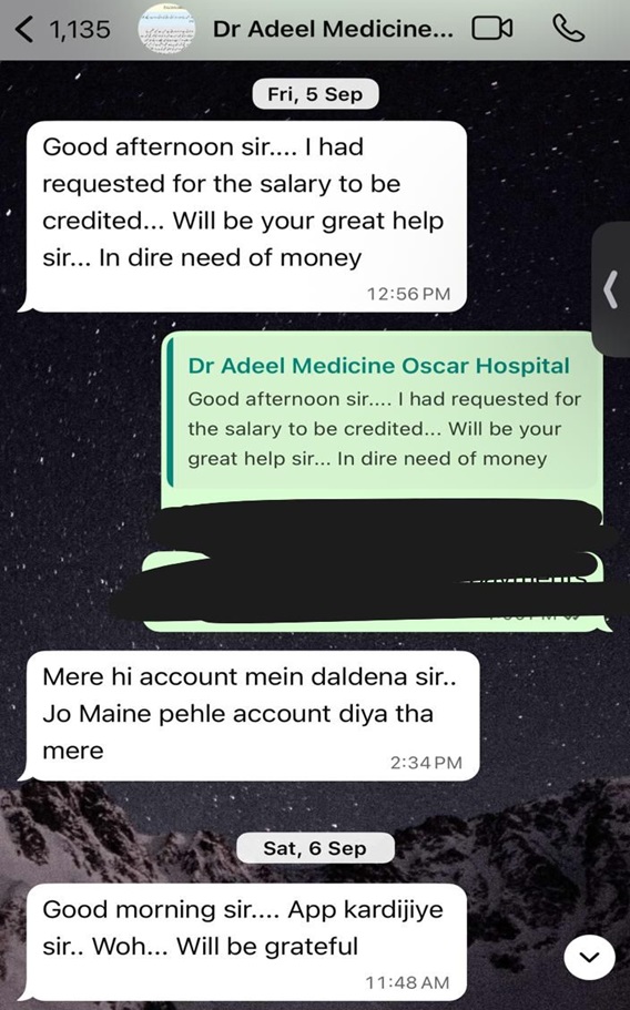 डॉ. आदिल की सहारनपुर के फेमस मेडिकेयर अस्पताल के अधिकारी के साथ वॉट्सऐप चैट।