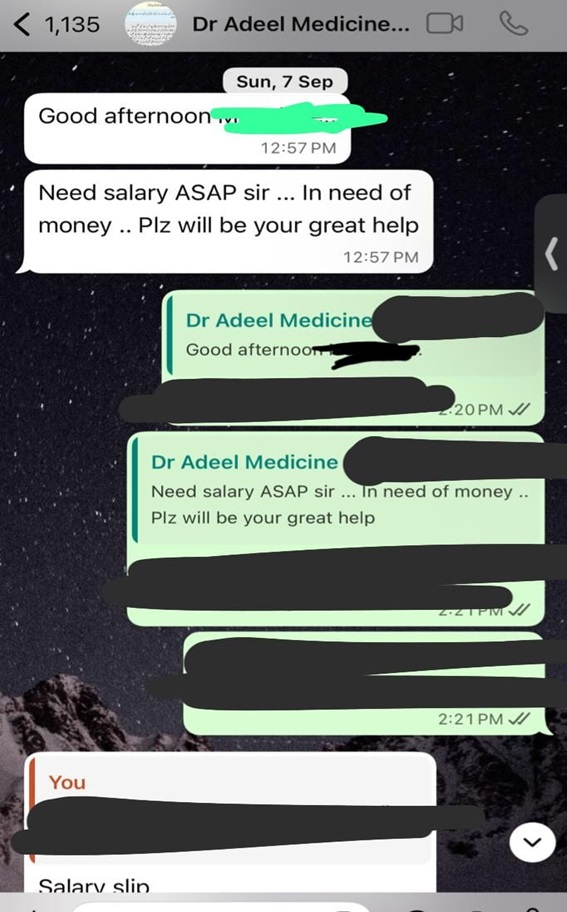 7 सितंबर को डॉ. आदिल ने सहारनपुर के फेमस मेडिकेयर अस्पताल के अधिकारी को मैसेज किया।