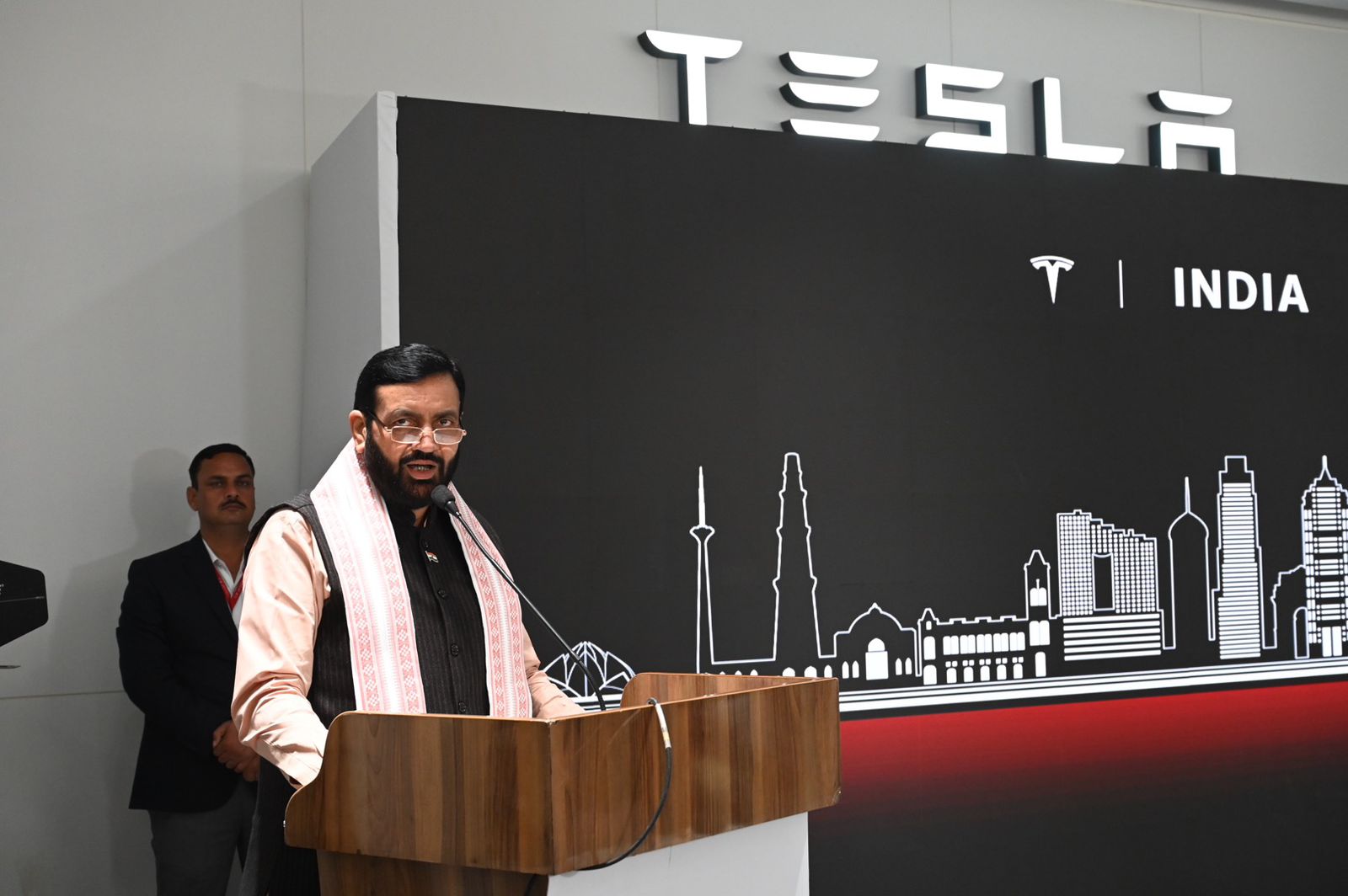 Chief Minister Nayab Singh Saini arrived to inaugurate the Tesla showroom in Gurugram.