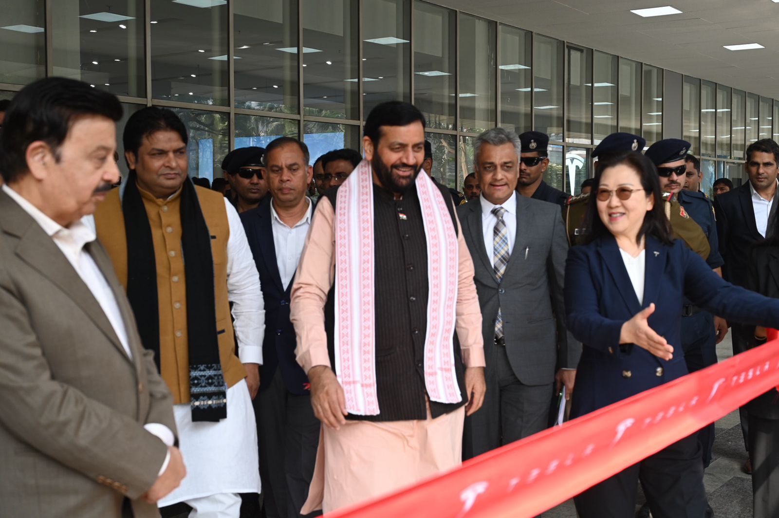 Chief Minister Nayab Singh Saini arrived to inaugurate Tesla showroom in Gurugram.