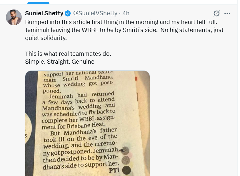 सुनील शेट्टी की X पोस्ट।