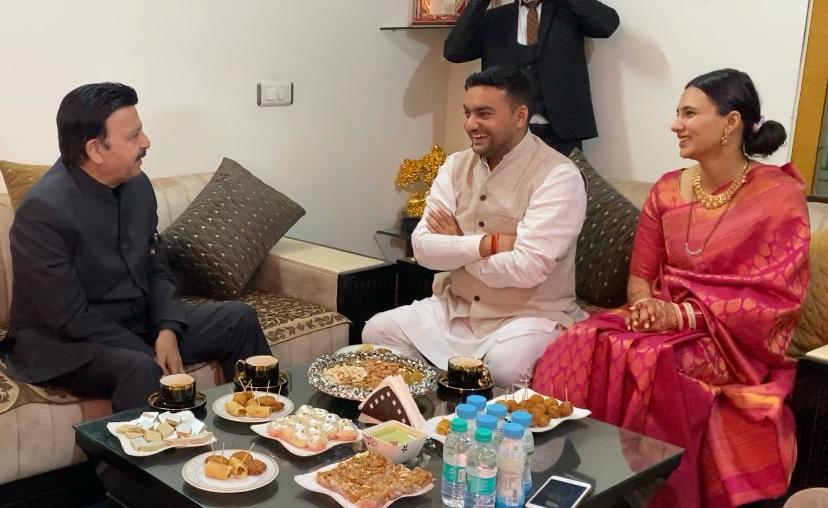 Minister Rao Narbir Singh talking to Abhinav Siwach and IPS Aashna Chaudhary. - File photo