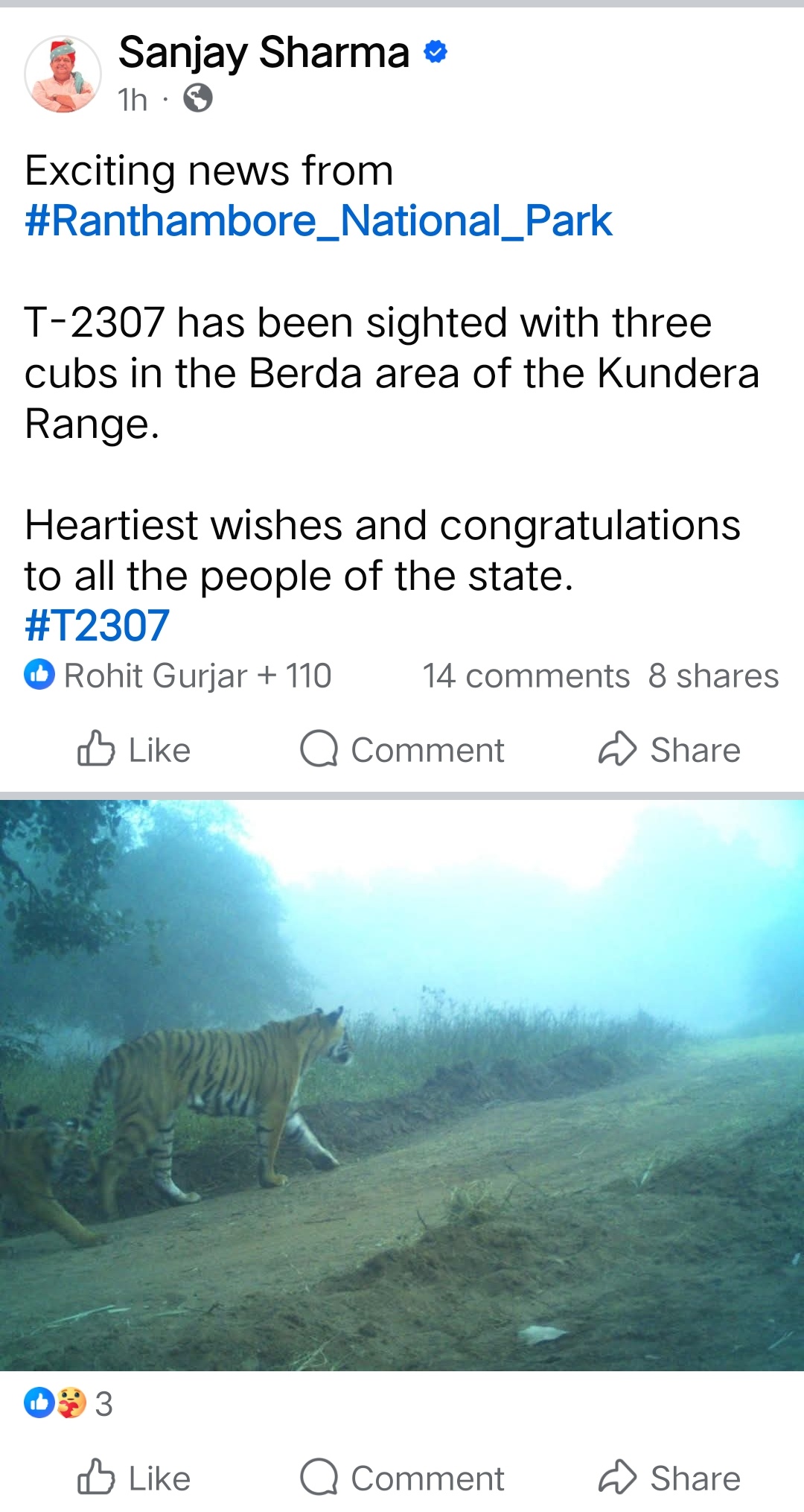 बाघिन के शावकों को जन्म देने की जानकारी वन मंत्री संजय शर्मा ने सोशल मीडिया पर साझा की है।