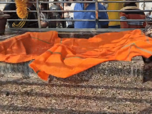 मंदिर की मूर्तियां खंडित हो जाने पर आस-पास के लोगों ने मंदिर पर कपड़ा डाल दिया