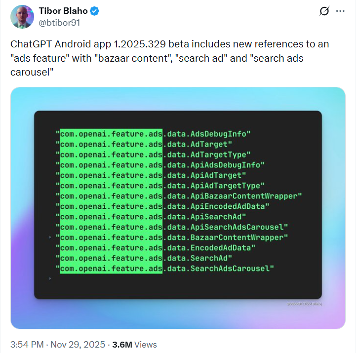 इंजीनियर तिबोर ब्लाहो ने X पर शेयर किया कि कोड में स्पॉन्सर्ड कंटेंट के लिए सिस्टम बन रहा है।
