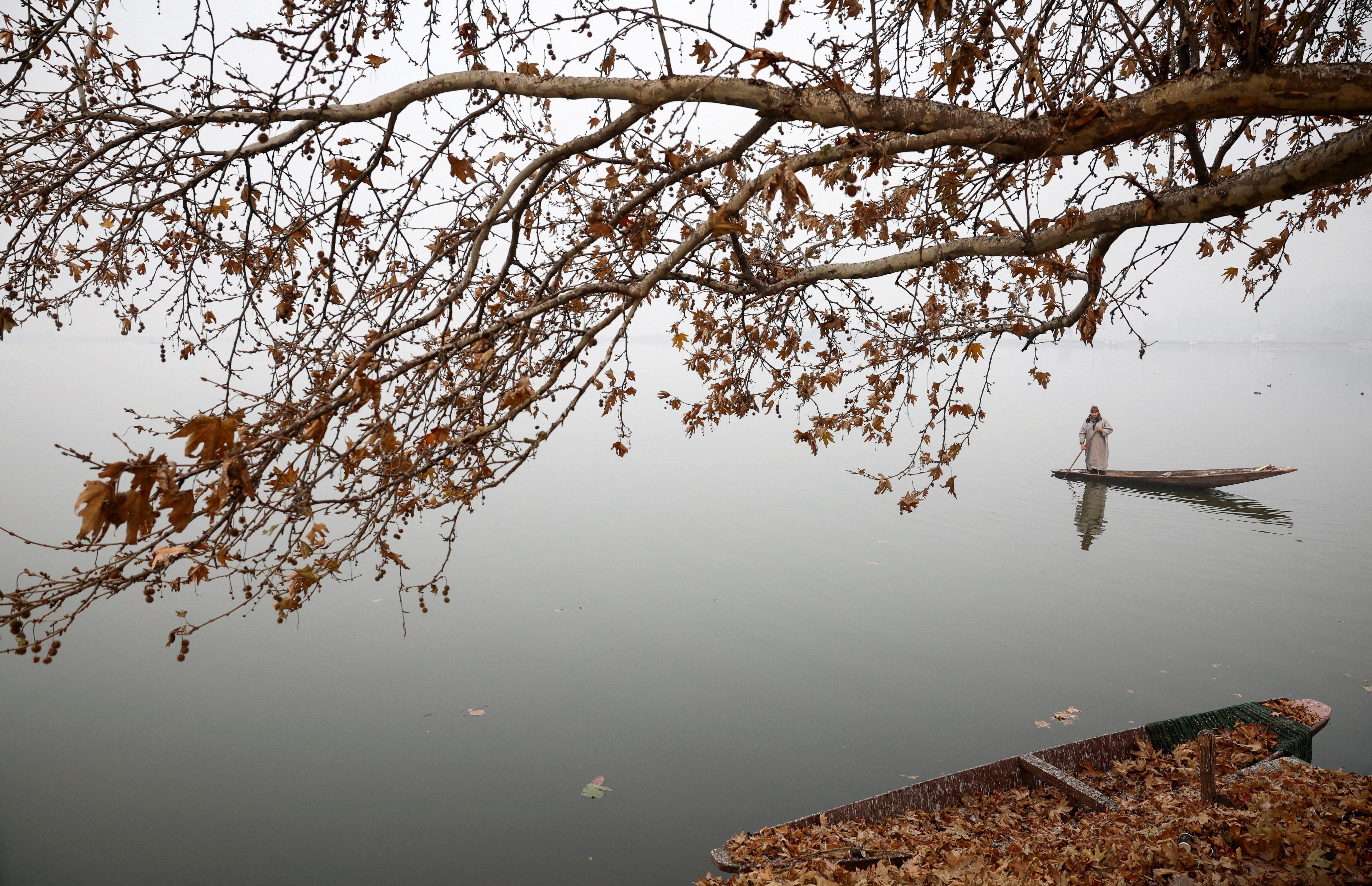 जम्मू-कश्मीर के श्रीनगर में डल झील में मंगलवार को कोहरा छाया रहा।