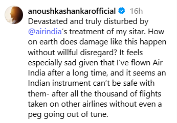 एअर इंडियावर संतापली सतार वादक रवि शंकर यांची मुलगी: प्रवासानंतर अनुष्काला तुटलेला सतार दिला, दावा- जाणूनबुजून तोडला; अनेक सेलिब्रिटींनी टीका केली एअर इंडियावर संतापली सतार वादक रवि शंकर यांची मुलगी: प्रवासानंतर अनुष्काला तुटलेला सतार दिला, दावा- जाणूनबुजून तोडला; अनेक सेलिब्रिटींनी टीका केली