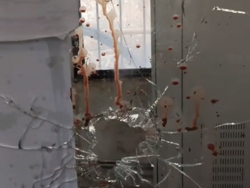 दरवाजे में लगे कांच पर गोली और खून के निशान दिखाई दिए।