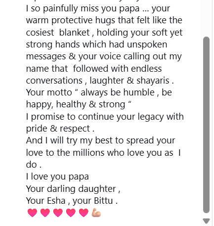 धर्मेंद्र की 90वीं बर्थ एनिवर्सरी पर ईशा देओल का इमोशनल पोस्ट, लिखा- आपकी सीख जीवनभर साथ रहेंगी