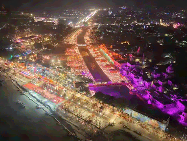 ये अयोध्या में दीयों की सजावट है। इस बार 19 अक्टूबर को सरयू की राम की पैड़ी पर 26.17 लाख दीये जलाए गए थे। - Dainik Bhaskar