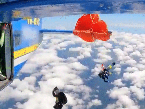 स्काई डाइवर का इमरजेंसी पैराशूट प्लेन के पिछले विंग में फंस गया, जिससे वह हवा में लटक गया।