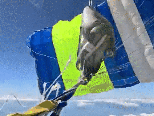 पैराशूटिस्ट ने अपना मेन पैराशूट खोलकर लैंड किया।