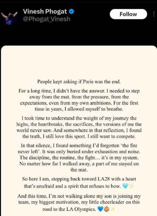 सोशल मीडिया पर संन्यास वापसी के लिए विनेश ने ये पोस्ट डाली।