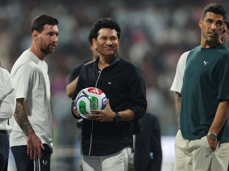 रविवार को लियोनल मेसी ने सचिन तेंदुलकर से मुलाकात की। - Dainik Bhaskar