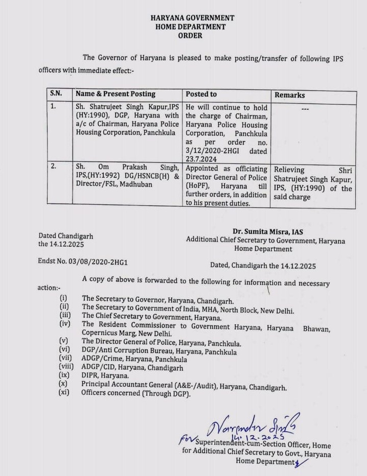 हरियाणा सरकार के द्वारा जारी ऑर्डर की प्रति।