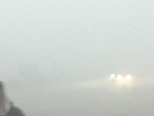 दिल्ली में सोमवार सुबह सड़कों पर कोहरे के कारण कर्तव्य पथ पर गाड़ियों की सिर्फ लाइटें दिख रही थीं।