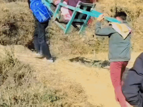 डोली का सफर कर अस्पताल तक पहुंची बीमार महिला;VIDEO:  युवकों ने सकरे रास्तों से पहुंचाया 2 किलोमीटर, पैर फिसलने पर गिरते-गिरते बचे – Almora News