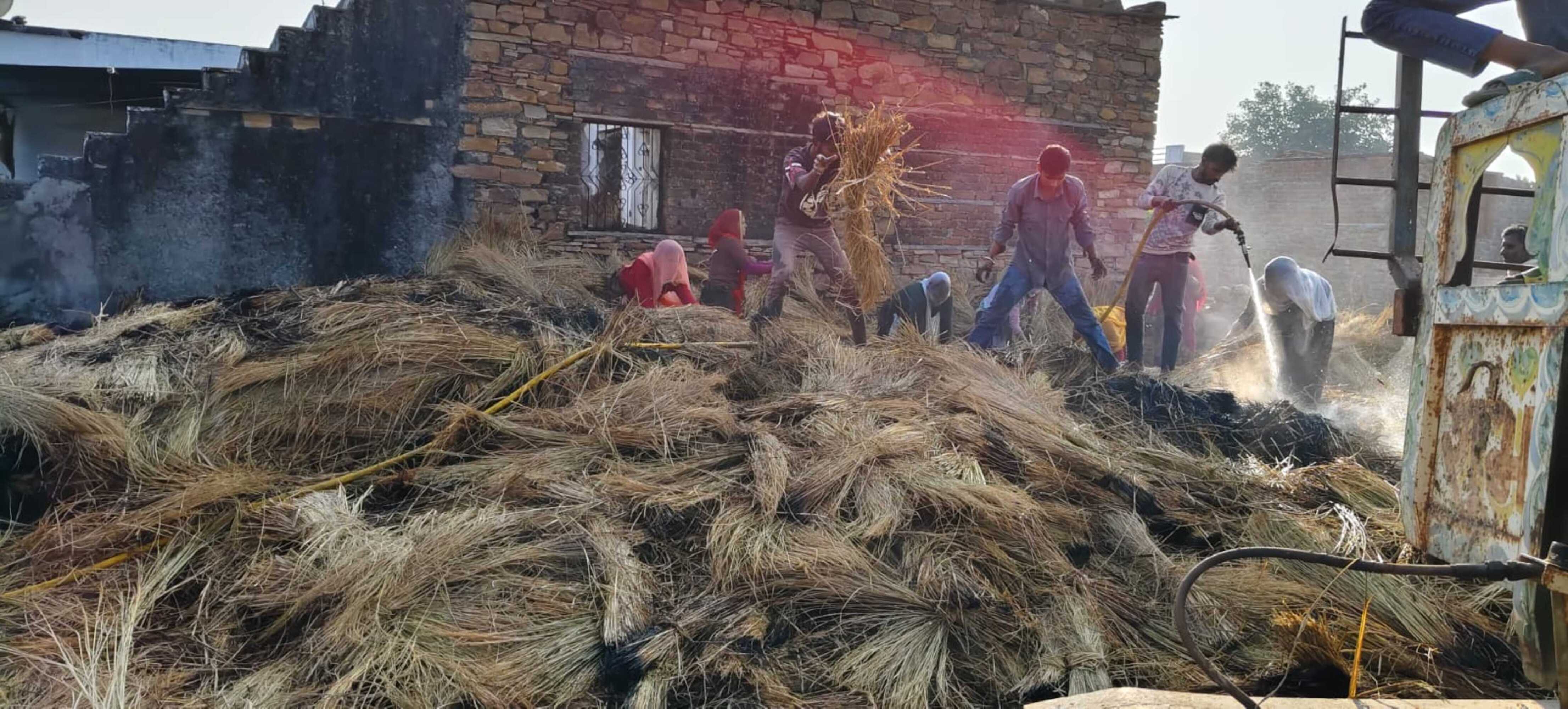 A fire broke out in a rice field in Luhariya, and a fire engine crossed ...