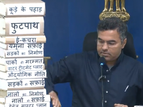 प्रवेश वर्मा ने अपने सामने किताबों का ढेर रखा था। उस पर कूड़े के पहाड़, फुटपाथ, ई-कचरा, यमुना की सफाई जैसे मुद्दे लिखे थे।