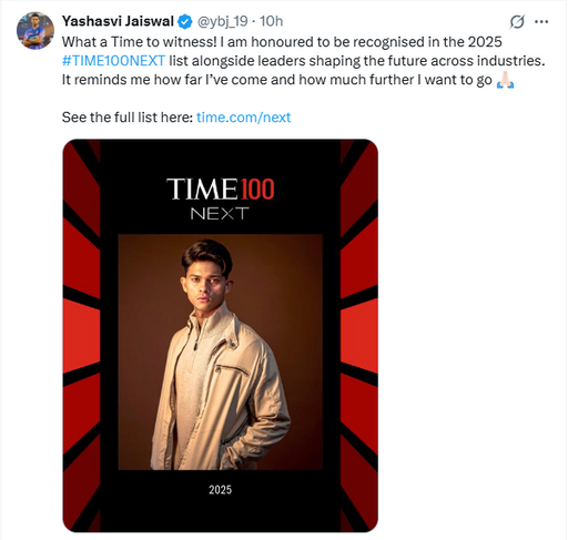 जायसवाल ने सोशल मीडिया पोस्ट के जरिए इस लिस्ट में अपना नाम आने पर खुशी जाहिर की।