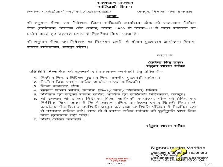 जिला सांख्यिकी अधिकारी हनुमान मीना के सस्पेंड ऑर्डर की प्रति।