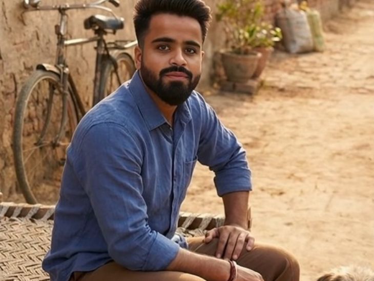 प्रभसिमरन सिंह का एआई फोटो, जिसमें वो पंजाब के किसी गांव में खाट पर बैठे दिखाई दे रहे हैं।