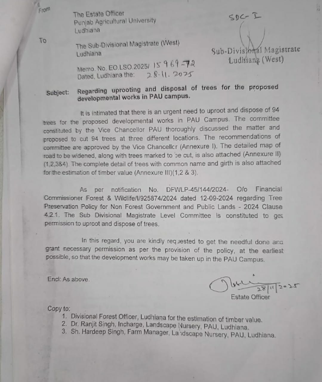 पीएयू के एस्टेट अफसर द्वारा एसडीएम को लिखा पत्र।