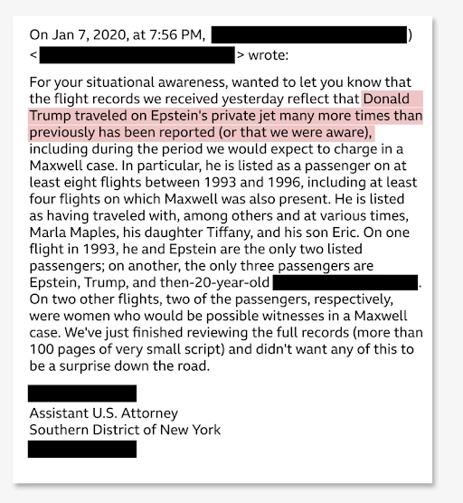 तस्वीर उस ईमेल की है जिसमें डोनाल्ड ट्रम्प के एपस्टीन आईलैंड के दौरों का जिक्र है।