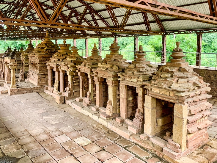 मदकू द्वीप में पुरातत्व विभाग द्वारा खुदाई में मिले मंदिर और मूर्तियों के अवशेष।