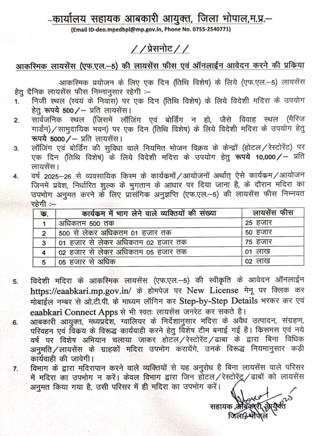 1 दिन की पार्टी के लिए भोपाल में यह आदेश।