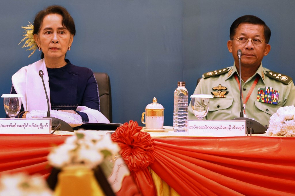 Aung San Suu Kyi is Myanmar's pro-democracy leader and Nobel Peace Prize winner, who has been placed under house arrest after the military coup. Military dictator General Min Aung Hlaing is sitting with Aung San in the picture.