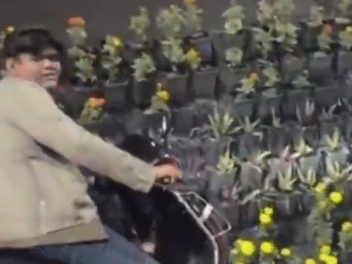 एक युवक ने लोगों को रोका, लेकिन लोग नहीं माने। मुस्कुराते हुए गमले उठाते रहे।