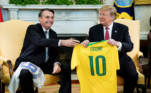 A Brazilian court has sentenced Bolsonaro to 27 years in prison for conspiracy to overthrow the government. This picture of Trump and Bolsonaro is from 2019.