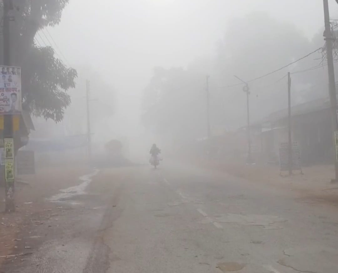 जगदलपुर-चित्रकोट मार्ग की तस्वीर है। यहां सुबह घना कोहरा छाया रहा।