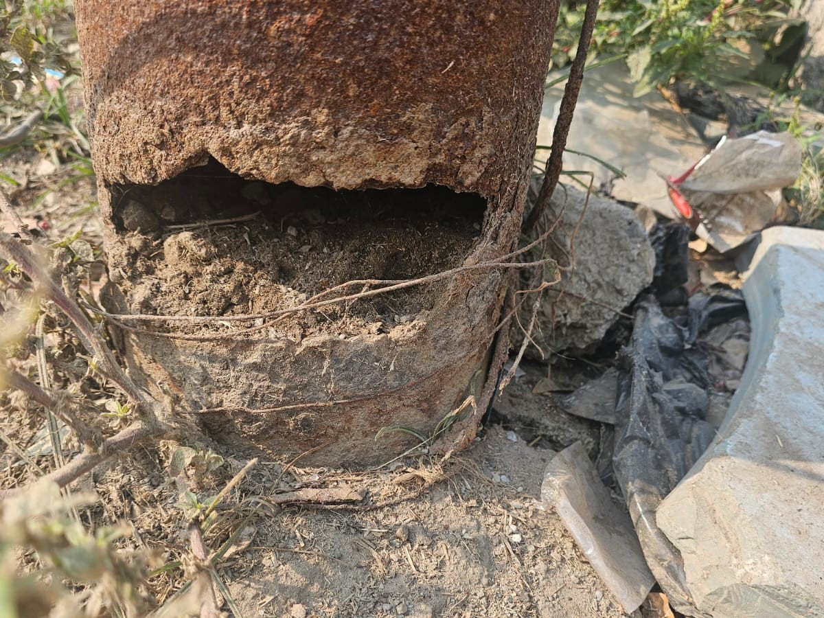 A dilapidated electricity pole in Chandausi poses a risk of accident.