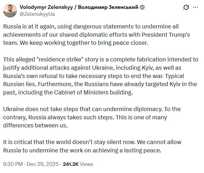 जेलेंस्की ने X पर पोस्ट कर रूस के आरोपों को झूठा बताया।