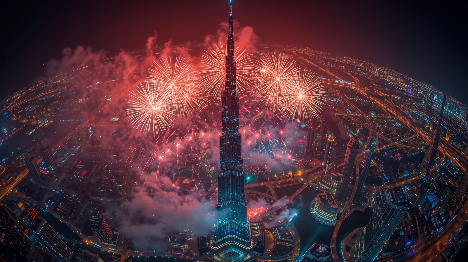 दुबई स्थित दुनिया की सबसे ऊंची बिल्डिंग बुर्ज खलीफा में आतिशबाजी हुई। लाइट और साउंड शो से पूरी बिल्डिंग जगमगा उठी।