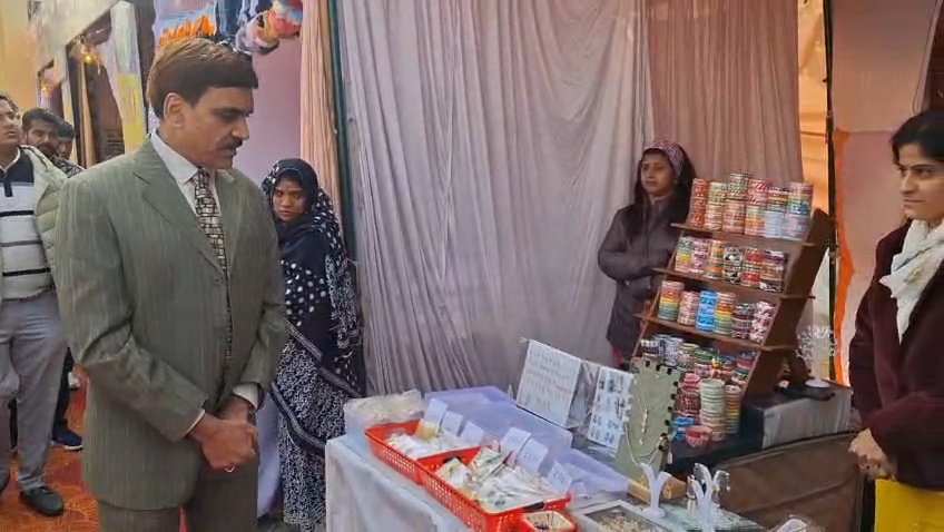 कलेक्टर अरुण गर्ग शेखावाटी हस्तशिल्प मेले में लगी स्टॉल का अवलोकन करते हुए।