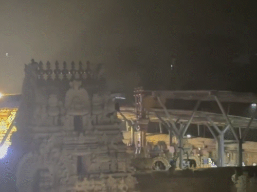 तिरुपति के गोविंदराजस्वामी मंदिर पर चढ़ा नशे में धुत व्यक्ति।