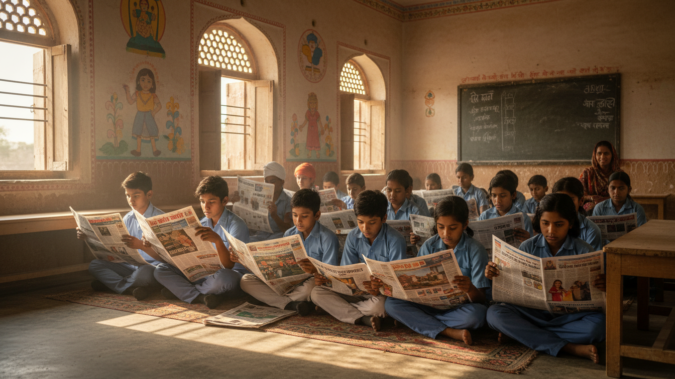 इसका मकसद है कि बच्चे मोबाइल फोन और स्क्रीन्स से हटकर अखबार पढ़ें ताकि उनका शब्दकोश और सामान्य ज्ञान बेहतर हो सके। (AI इमेज)