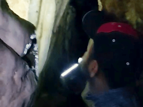 टॉर्च की रोशनी से दीवारों पर उभरी आकृतियों को देखता युवक।