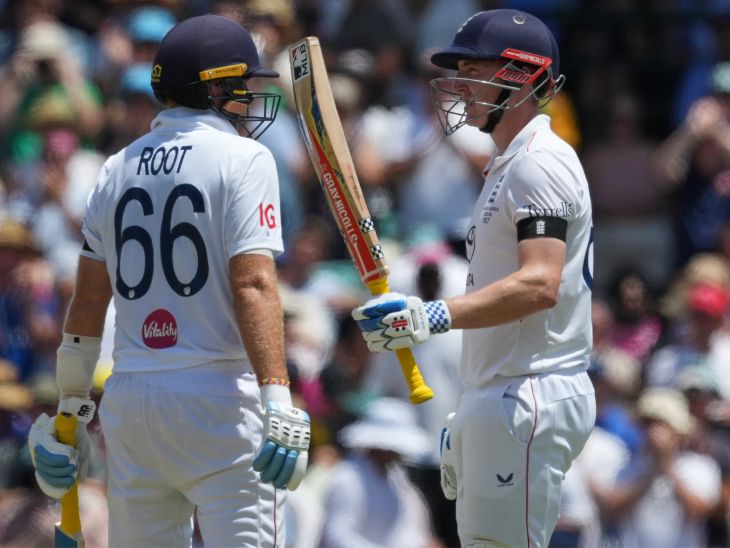 जो रूट (72) और हैरी ब्रुक (78) के बीच नाबाद 154 रन की साझेदारी हो चुकी है। - Dainik Bhaskar