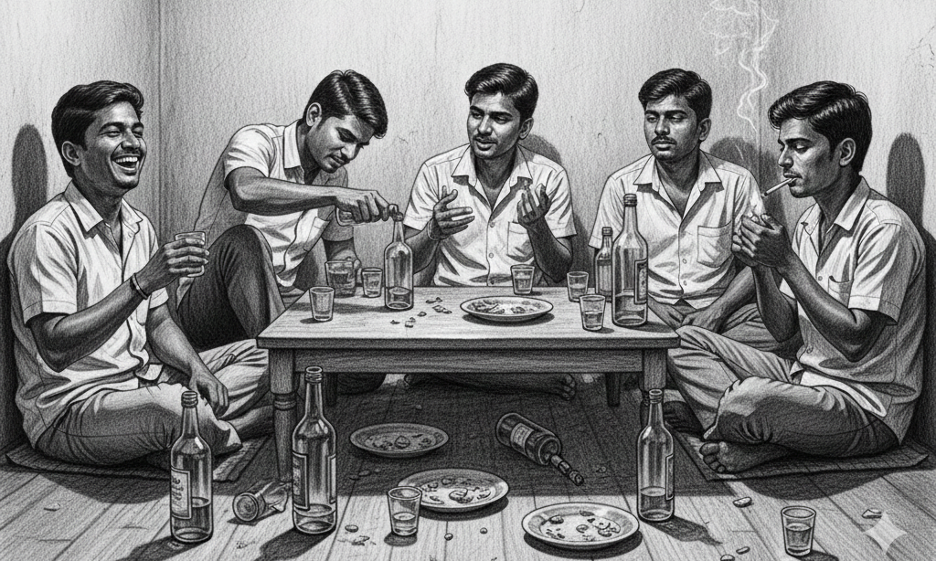 हत्यारों ने शराब पार्टी की और इसी दौरान रामूराम की हत्या का प्लान बनाया। -एआई इमेज