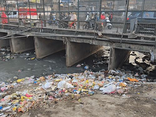 नाले में तब्दील हुई नदी के किनारे फेंका गया कचरा।