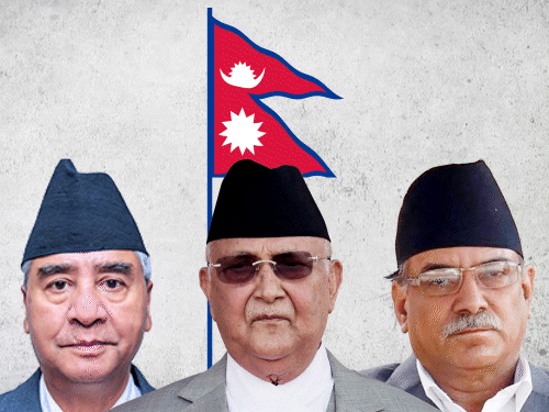 नेपाल के तीन पूर्व पीएम शेर बहादुर देउबा, के. पी. शर्मा ओली और पुष्प कमल दाहाल प्रचंड की तस्वीर। - Dainik Bhaskar