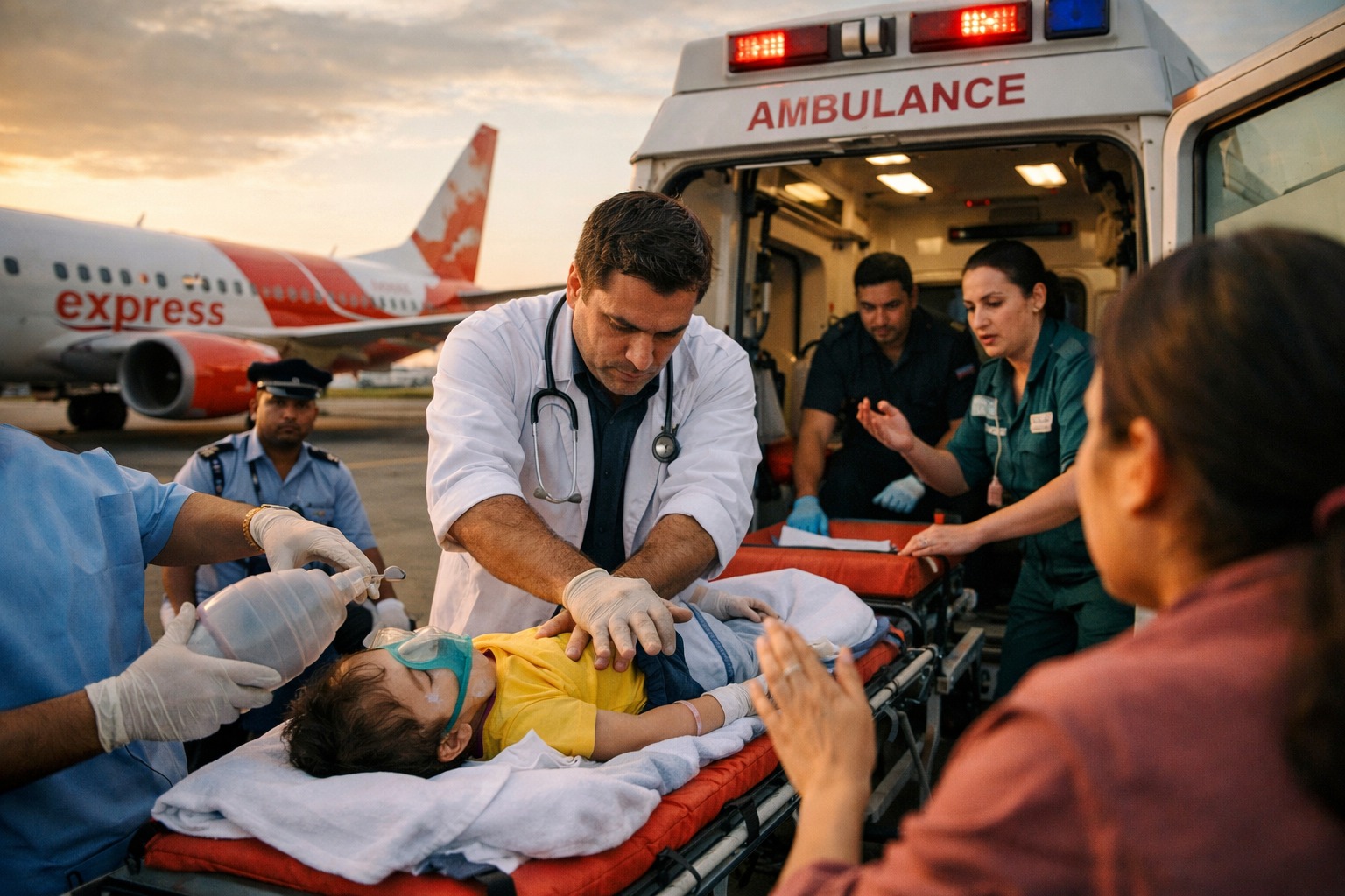 इंदौर में इमरजेंसी लैंडिंग के बाद बच्चे को सीपीआर देते हुए डॉक्टर फ्लाइट से बाहर लाए। (AI इमेज)