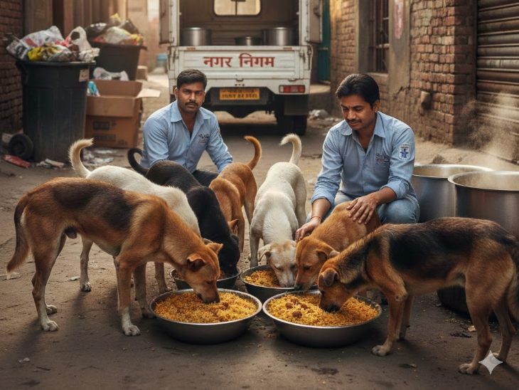 रायगढ़ नगर निगम आवारा कुत्तों की नसबंदी के बाद बिरयानी, खिचड़ी और दलिया खिला रहा है। (फाइल फोटो AI जनरेटेड)